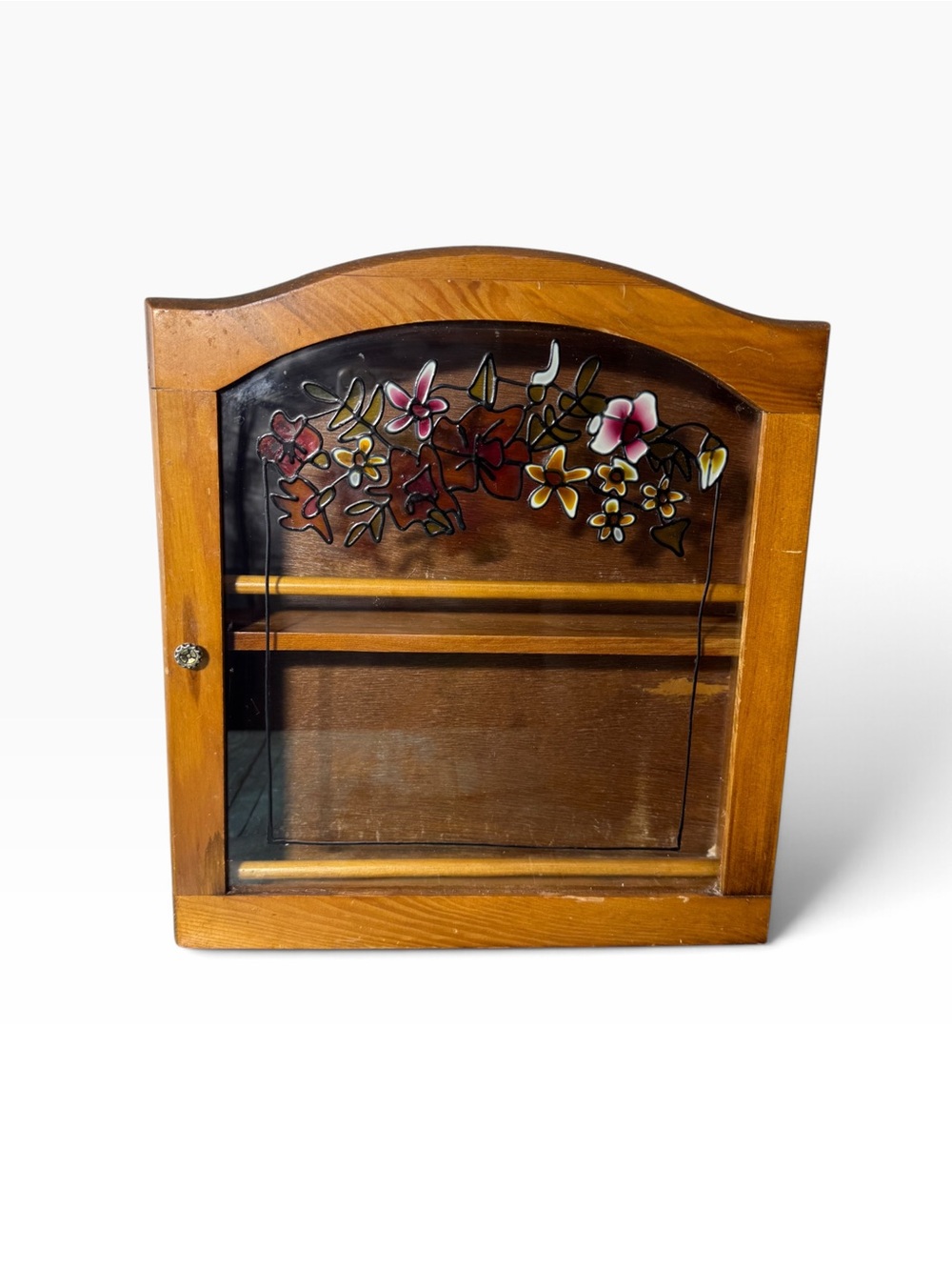 Vintage 70s Wooden Spice Rack Cabinet • Stained Glass Floral